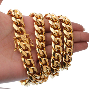 10 mm24inMen Cuban Miami Link Bracelet Chain Set 14k Gold Plated Stainless Steel