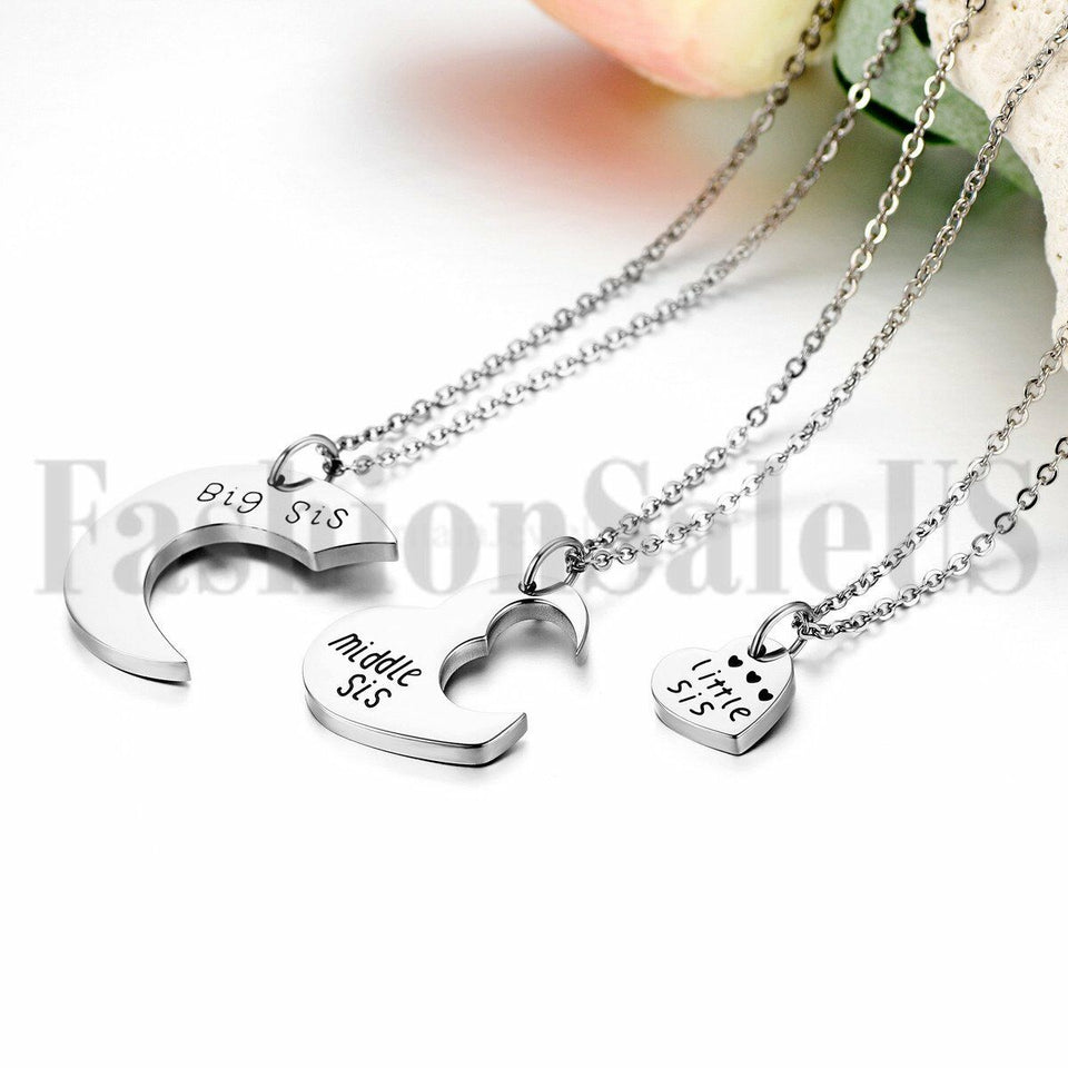 3pcs Stainless Steel Big Middle Little Sister Heart Family Pendant Necklaces Set