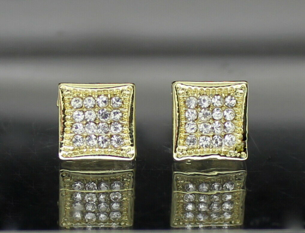 Men Women Earrings Square Iced 8mm Studs Gold Plated Hip Hop Stainless Steel