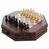 Octagon Wooden Chess and Checkers Set 13 Inch Storage Drawers Nice Office Set 886511142480