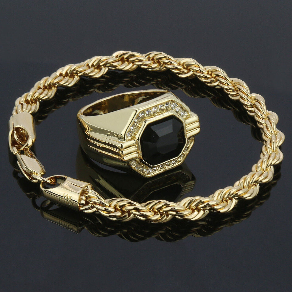 14k Gold Plated Rope Bracelet, Black Ruby Face Ring Cz Round Hip Hop Style Pinky
