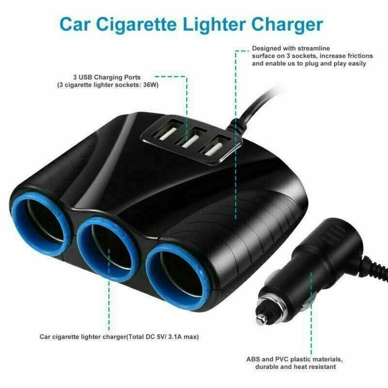 Cigarette Lighter Socket 3 USB Charger Splitter 12V Outlet Power Adapter Car NEW