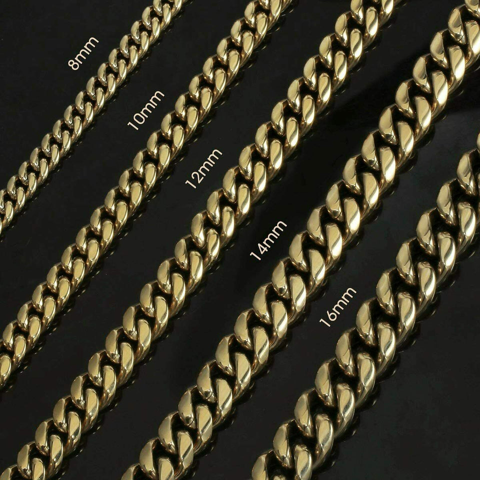 Mens Miami Cuban Link Chain Bracelet Solid 14k Gold Plated Stainless Steel Chain