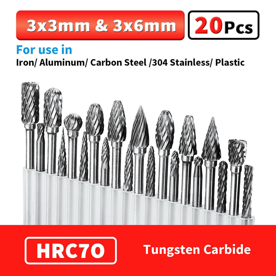 20PCS Head Tungsten Carbide Steel Rotary Burr Die Grinder Bit Shank Carving Set