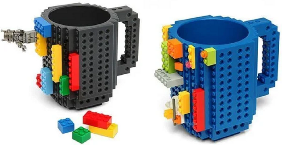 Set of 2 Build-On Brick Mug - BPA-free 12oz Coffee Gray and Blue Mug