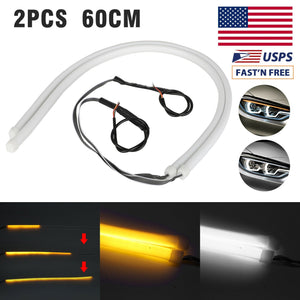 2x 60cm LED Switchback DRL Tube Light Strip Amber Sequential Flow Turn Signal