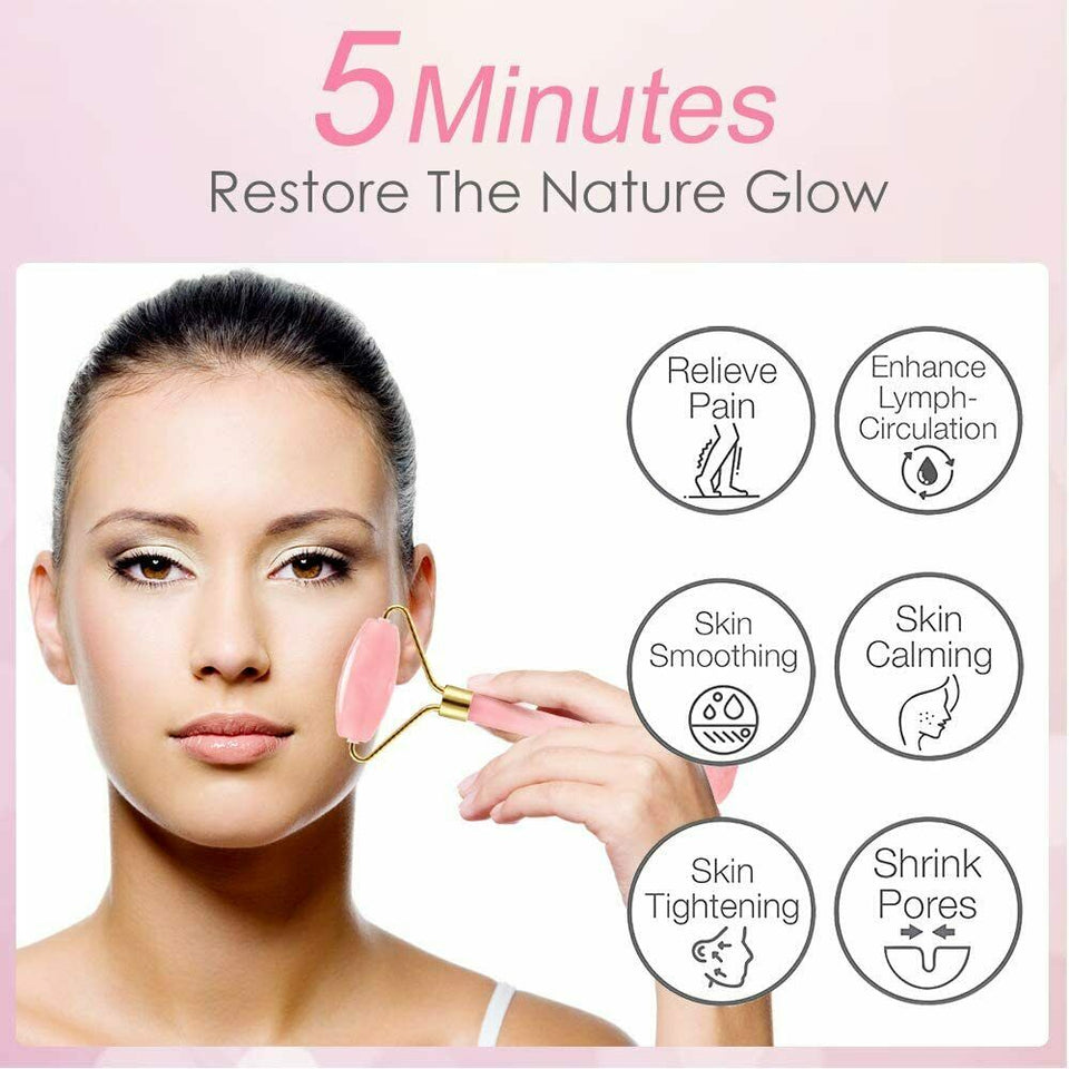 Rose Quartz Jade Roller & Gua Sha Face Body Facial Therapy Massager Stone Beauty