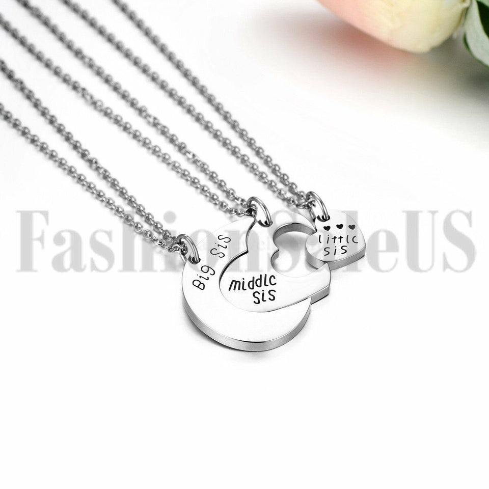 3pcs Stainless Steel Big Middle Little Sister Heart Family Pendant Necklaces Set